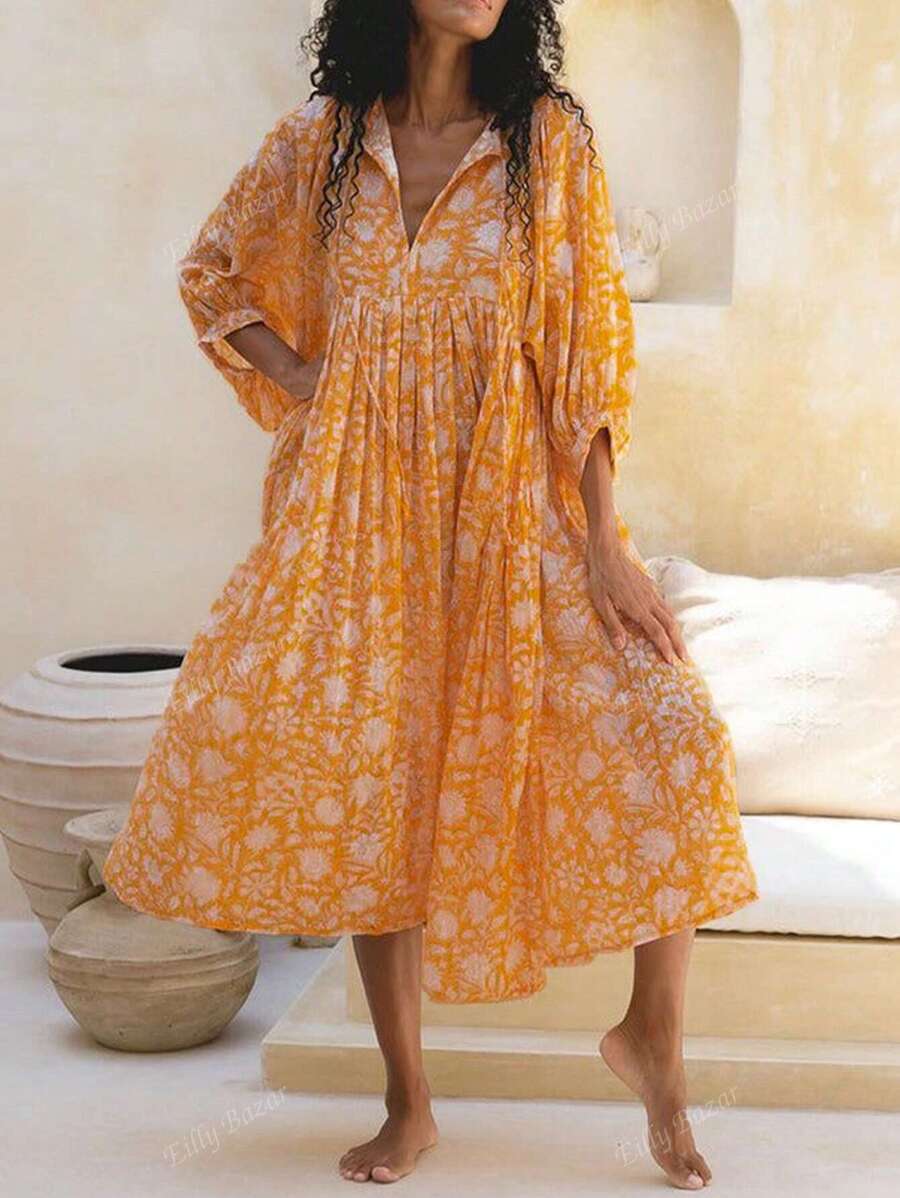 Eilly Bazar Vestido holgado con estampado floral bohemio y mangas de murciélago, para tallas grandes, para el verano