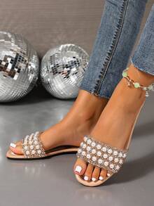 女士时尚休闲系带凉鞋，夏季舒适平底一脚蹬沙滩拖鞋 - 米色 - 查看 3