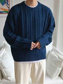 White Yue 男士时尚休闲加厚扭绳纽扣落肩圆领毛衣，适合通勤、秋冬新款、圣诞节、新年穿着，长袖上衣