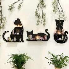 1 pieza Soporte para exhibir cristal con gato negro, estante de luna flotante con gato, estantería de madera con gato lindo montado en la pared para decoración gótica - Multicolor - Ver 1