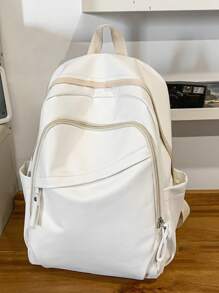 Casual Large Capacity Water-Resistant PU Diagonal Zipper Multi-Pocket Functional Backpack, Unisex School College Student Book Bag, Suitable For School, Classes, Shopping, Travel, Back-To-School Season