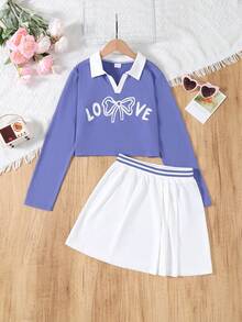 Girls' Spring/Autumn Long Sleeve Collared Blouse & Pleated Mini Skirt Set, Customized Splice Ribbed Two Pieces Outfit, Youthful & Energetic