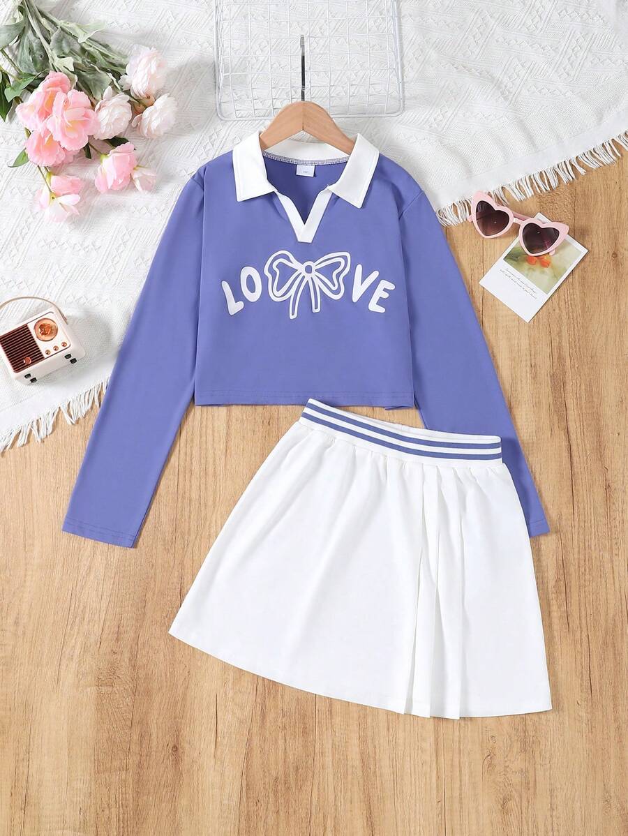 Girls' Spring/Autumn Long Sleeve Collared Blouse & Pleated Mini Skirt Set, Customized Splice Ribbed Two Pieces Outfit, Youthful & Energetic