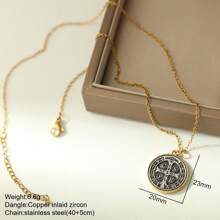 1pc Elegant Crystal Cross Pendant Necklace, Unisex - Stainless Steel, Gold Chain, Inlaid With Black, Transparent And Pink Gems, Versatile Jewelry Gift For Men And Women, Suitable For Casual Or Formal Occasions | Graceful Necklace | Cross Necklace