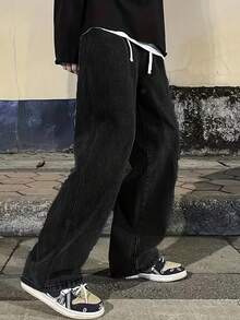 Men's Black Relaxed Fit Non-Stretch Denim Jeans - Essential Washed, Street Style & Versatile Comfort (Classic Rigid Feel) - 黑色 - 查看 3