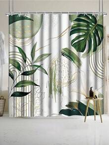 [鼠尾草绿波西米亚风浴帘] 1/3/4 件鼠尾草绿波西米亚风热带叶子浴帘套装 - 抽象中世纪现代防水浴室配件 - 12 个挂钩、防滑垫、U 型垫、盖垫浴室装饰