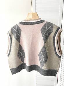 Vintage Collegiate Style Contrast Color Argyle Pattern Knit Vest, No Shirts - Pink - View 4