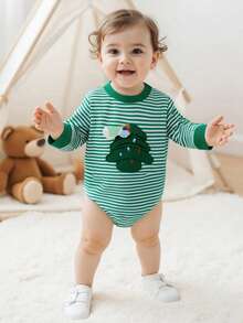 Mono de manga larga a rayas para bebé, con estampado de calabaza, fantasma, árbol y pavo, ropa de invierno y otoño para niños y niñas - Verde - Ver 2