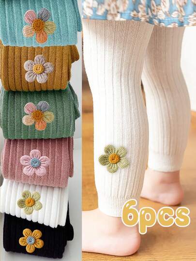 6pcs Pack Girls Floral Print Cropped Tights, Sweet & Cute Style Suitable For Daily Wear