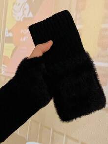 1 Paar einfache Plüsch-Patchwork-Strickhandschuhe, stilvolle, elegante, weiche und warme fingerlose Handschuhe für Herbst und Winter, kältebeständig, mit elastischem Handgelenk