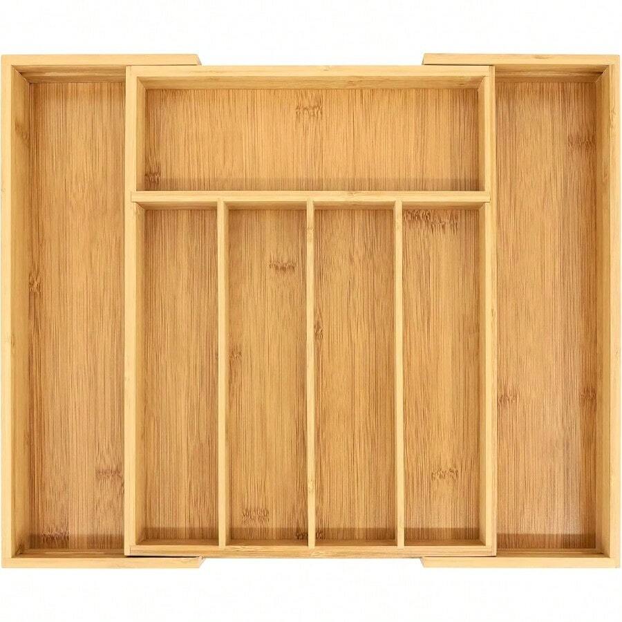 New Bamboo Cutlery Organiser Expandable Cutlery Tray For Drawer And Utensil Holder MultiFunction Drawer Storage 57 Compartments - Natural - View 1