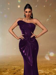 Elisanya 女士紫色天鹅绒单肩晚礼服，优雅紧身美人鱼礼服，露肩修身舞会礼服，奢华伴娘礼服，性感派对礼服，适合盛大婚礼活动 - 紫色 - 查看 9