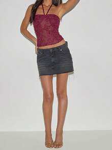 Womens Floral Halter Tank Tops Summer Sequin Slim Fit Backless Sleeveless Crop Vest - 酒紅色 - 查看 5