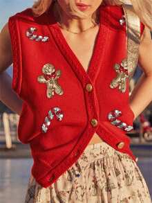 Chaleco de punto con cuello en V para mujer, estilo navideño, sin mangas, con lentejuelas bordadas y botones. - Rojo - Ver 3