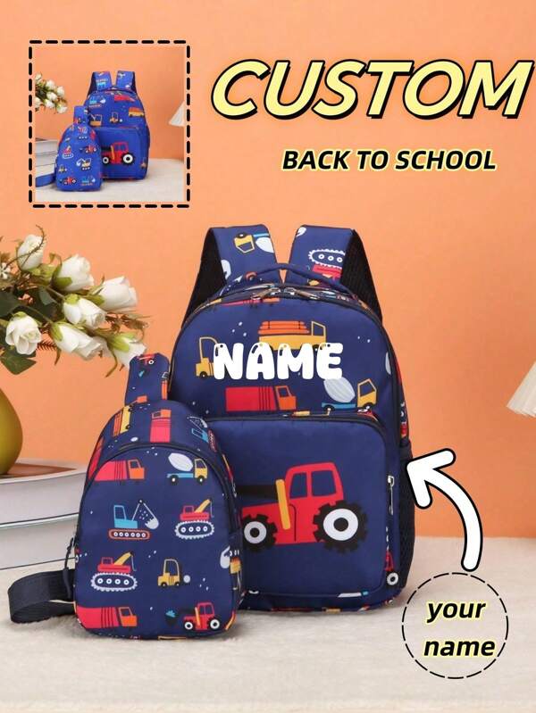 Customizable Children's Backpacks And Chest Bags, School Bags With Personalized Names Or Holiday Messages. New Two Pieces Combo Bag For The Back-To-School Season, 2-Piece Boys Girls Mini Casual Versatile Kawaii Excavator Nylon Material Zipper Closed Backpack Waist Bag, Suitable Daily Going Out To School, Outdoor Sports Travel Coin Purse,
