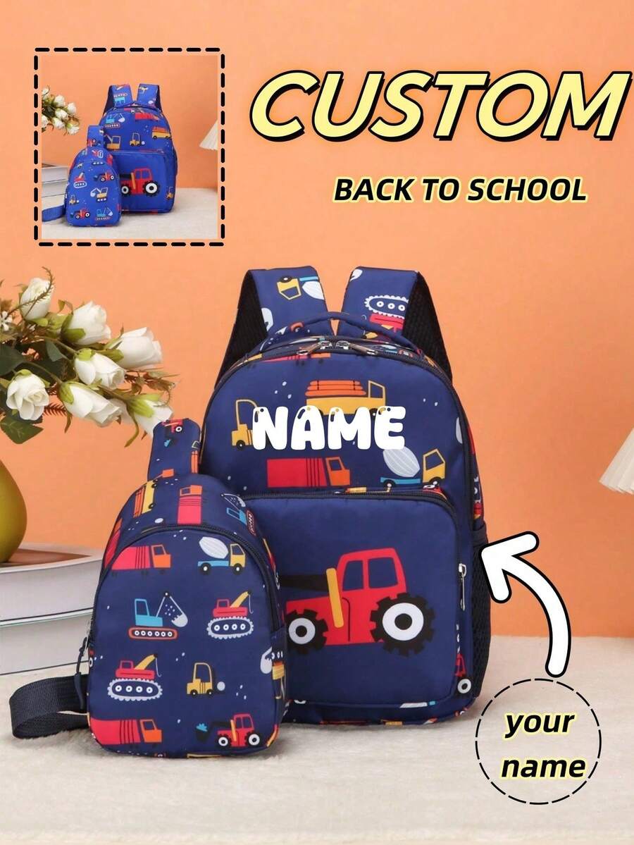 可定制迷你儿童背包和胸包，可印制个性化姓名或节日祝福语的书包。全新两件套组合包，适合返校季，2件套男童女童迷你休闲百搭可爱挖土机尼龙材质拉链闭合背包腰包，适合日常外出上学、户外运动旅行零钱包，时尚秋季，儿童，定制儿童包 - 文字1 - 查看 1