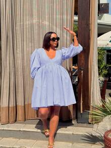 大码女式可爱性感深V领短款复活节连衣裙，优雅 - 藍紫色 - 查看 1