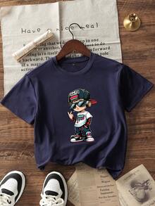 夏季男童休闲印花圆领短袖T恤 - 藏蓝色 - 查看 2