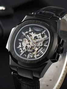 LONGLUX 1pc Men's Hollow Automatic Mechanical Waterproof Fashion Leather Band Watch - Black - View 5