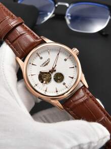 LONGLUX 1pc Men's Hollow Automatic Mechanical Watch With Leather Strap, Waterproof Casual Watch