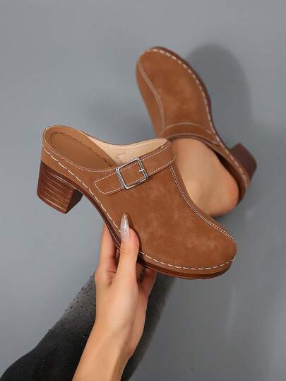 Women's Fashion Mule Shoes: Chunky Heel Design, Great For Casual Wear With Jeans/Skirts, Elegant Bohemian Buckle Decor