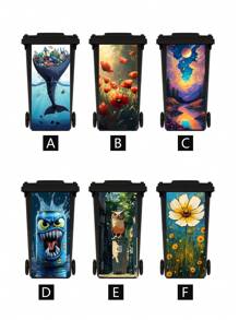 3D Cartoon Can Emoticons, Ocean Garbage, Flowers, Owls Printed Trash Can Sticker Waterproof PVC Outdoor Rubbish Bin Garbage Can Poster Peel And Stick 4 Sizes