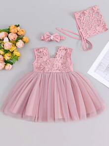 Baby Girls' 0-2 Years Old Pink Dress Set, Bridesmaid Wedding Pageant Outfit, Tulle Birthday Party - Dusty Pink - View 3