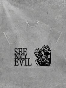 Men's Retro 230g Washed Cotton T-Shirt-"SEE NO EVIL", Printing, Casual Summer T-Shirt, Graphic Y2K Shirt Round Neck, Short Sleeve, Funny T Shirts High Quality Cotton, Machine Washable, Casual Summer T-Shirt With Shoulder Drop Design And Smooth Fabric - 灰色 - 查看 1