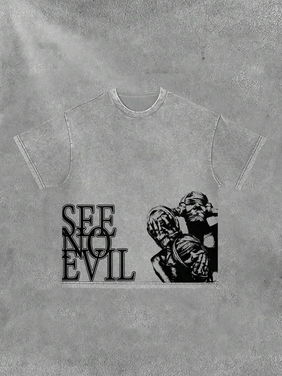 Men's Retro 230g Washed Cotton T-Shirt-"SEE NO EVIL", Printing, Casual Summer T-Shirt, Graphic Y2K Shirt Round Neck, Short Sleeve, Funny T Shirts High Quality Cotton, Machine Washable, Casual Summer T-Shirt With Shoulder Drop Design And Smooth Fabric - 灰色 - 查看 1