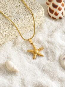 1 Peça Colar Elegante e Luxuoso com Pingentes em Forma de Tartaruga do Mar, Estrela-do-Mar e Concha, Banhado a Ouro 18K, Aço Inoxidável, À Prova D'água, Elegante e Versátil, Adequado para Mulheres