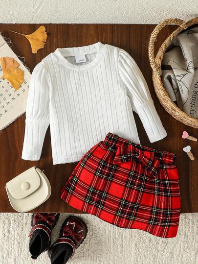 Spring/Autumn New Girls Plaid Skirt Set, Fashion & Versatile