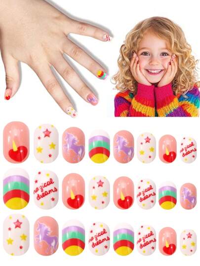 NAIO 24 Pieces Kids Of Press-On Nail Stickers, Naio Children's Artificial Nail Stickers, Pre-Glued Full-Cover Short Acrylic Nails, Suitable For Girls' Children's Nail Art Decoration (Colorful Unicorn)