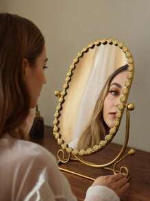 1 Vanity Mirror, Home Bedroom Desktop Vanity Mirror, Creative Wrought Iron Makeup Mirror, Reversible Makeup Mirror, Perfect Gift For Bedroom Or Travel, Students, Mothers, Friends