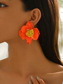 1 对优雅甜美清新花卉圈形耳环，高端复古山茶花耳环，橙色，适合女性度假和日常佩戴 - 橘色 - 查看 2