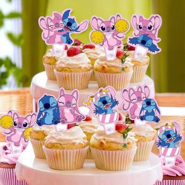 Disney Stitch Dancing Themed Birthday Greeting Card, Pink & Blue Stitch Birthday Paper Cupcake Toppers