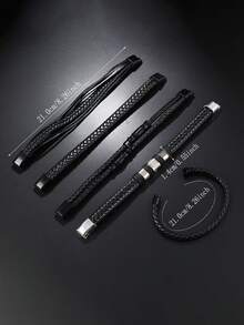 5 件/套新款男士时尚皮革手链，多层编织磁扣腕带组合适合日常佩戴，礼物