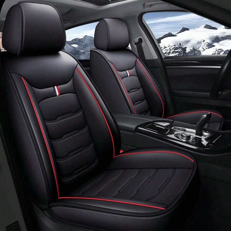 5-Piece Full Set Luxury Universal Faux Leather Seat Covers - Includes Easy Inside Zipper Installation, Guaranteed Airbag Deployment Access, Soft Feel & 4-Season Durability - 黑紅色 - 查看 1