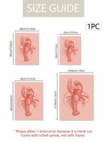 1 件鲜艳的红色龙虾帆布艺术印刷品 - 海洋生物插图，无框海洋海鲜墙饰，适用于厨房、客厅、卧室、室内/室外使用，龙虾装饰