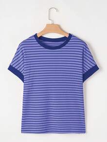Acelitt Striped Contrast Color Shoulder Short Sleeve Knit Casual Round Neck T-Shirt, Summer - Purple - View 4