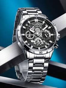 GUANQIN 1 Stück wasserdichte leuchtende Skelett Uhr mit Chronograph Kalender Multifunktions-Zifferblatt, kratzfestes Edelstahlarmband, modischer, luxuriöser, sportlicher, klassischer, einfacher, legerer mechanischer Stil, automatische Quarzuhr, geeignet als Geschenk zum Vatertag, für Studenten, Feste, Dates, Büro, Alltag