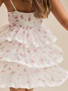 Women Y2k Boho Ruffle Flowy Mini Dress Floral Print Spaghetti Strap Bowknot Short Dresses Elegant Tiered Square Neck Sleeveless Hem Skater Sundress - 白色 - 查看 4