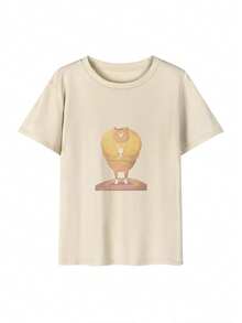100% Cotton Women's T-Shirt, Short Sleeves, European Fairy Tale Style, Illustration, Summer New Arrival, Simple And Stylish, Cartoon Rabbit In A Yellow Pot, Casual, Crew Neck - 杏色 - 查看 2