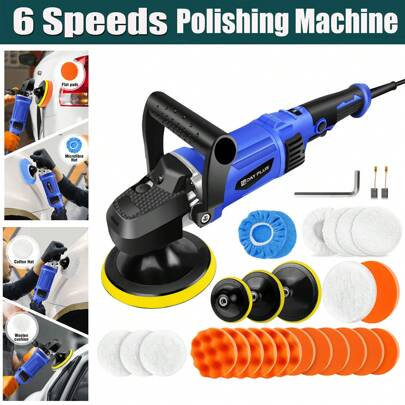 Vandise Polishers And Buffers, 1400W Electric Car Polisher Machine - Rotary Polishing Machine Kit With 6 Variable Speed Control, Corded Buffing Machine For Cars Caravans, Sponge And Wool Pads Included