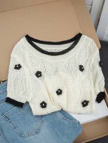 撞色韩版优雅针织上衣，甜美3D花卉拼接短袖T恤女夏季