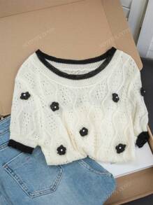 Contrast Color Korean Elegant Knit Top, Sweet 3D Floral Splice Short Sleeve T-Shirt For Women, Summer