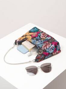 Bolso de hombro elegante y colorido para mujer con lentejuelas, bolso con estampado floral, para fiesta de novias, bolso de lentejuelas, bolso de baile de graduación, accesorios de baile de graduación, bolso de mano de señora de estilo premium, artículos de boda, bolso elegante para mujeres (patrón aleatorio)