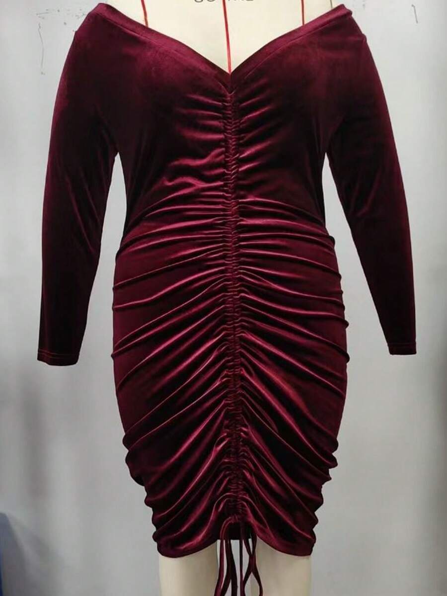 Vestido largo de manga larga con hombros descubiertos, volantes y unicolor, talla grande, elegante - Burdeos - Ver 1