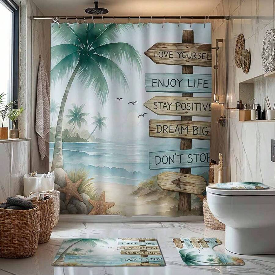 1/4 Stück Tropischer Strand Palmen Thema Badezimmer Set, beinhaltet Duschvorhang, Badematte, U-förmige Toilettenvorlage, Toilettendeckel, wasserdichter Duschvorhang, Badezimmerdekoration, moderne Stil Badezimmer Trennvorhang, ohne Bohren erforderlich, Polyester, maschinenwaschbar