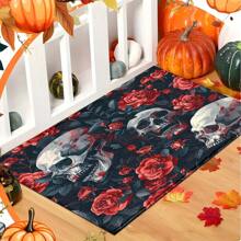 1 pieza Felpudo de entrada/baño/cocina/lavandería con estampado de esqueleto de Halloween y flores, de base de TPR y apariencia de lana sintética, para decorar el ambiente festivo, el hogar, fiestas, bodas y comedores