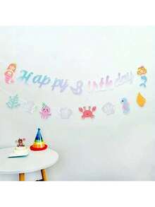 2 包汽车熊男孩生日派对装饰英文烫印彩旗美人鱼主题生日快乐横幅 - 美人鱼主题横幅，用于儿童生日派对装饰纸花环装饰，生日快乐横幅和悬挂漩涡，适合女孩和男孩、迎婴派对、海底派对用品 - 彩色 - 查看 5